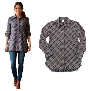 Cabi Highland Flannel Gray Purple Plaid Button Down Tunic Shirt Long Sleeve XS